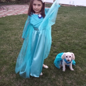 Puede incluir: Una ni&ntilde;a y un perro peque&ntilde;o visten disfraces de princesa azul claro a juego. El vestido de la ni&ntilde;a tiene mangas largas y una capa fluida. El perro lleva una falda a juego y un collar azul. Est&aacute;n de pie en un c&eacute;sped.