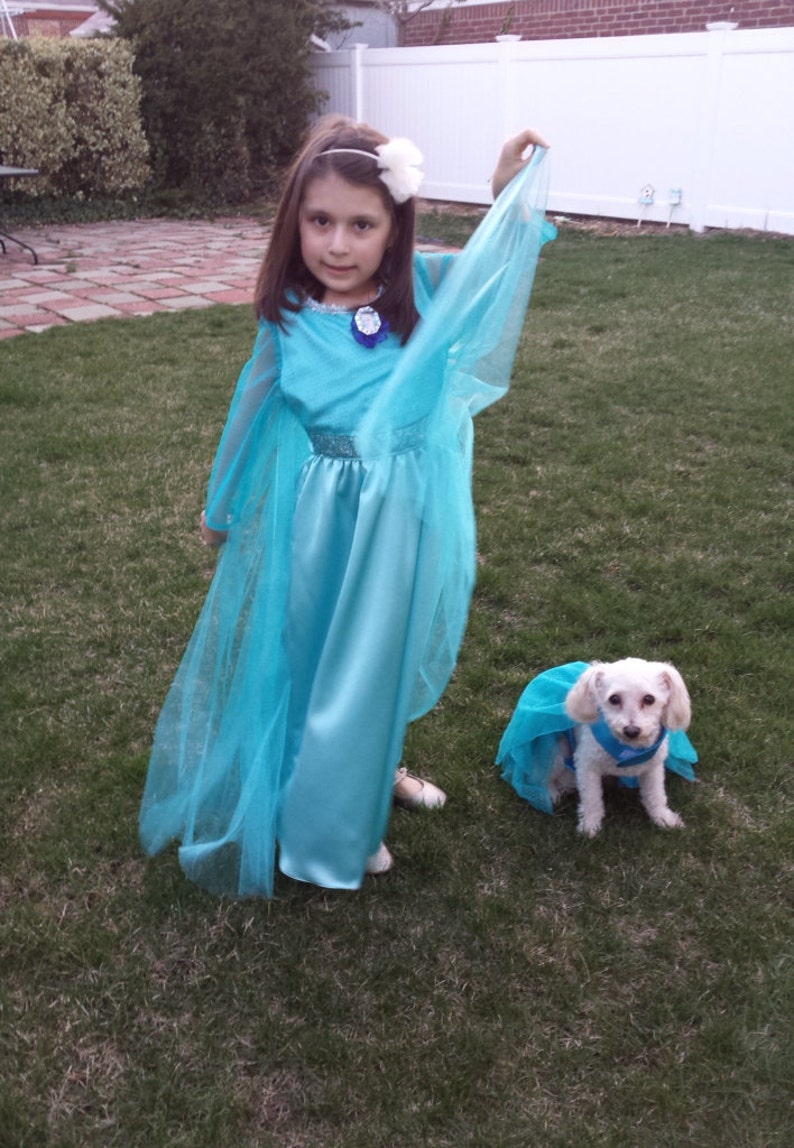 Puede incluir: Una ni&ntilde;a y un perro peque&ntilde;o visten disfraces de princesa azul claro a juego. El vestido de la ni&ntilde;a tiene mangas largas y una capa fluida. El perro lleva una falda a juego y un collar azul. Est&aacute;n de pie en un c&eacute;sped.