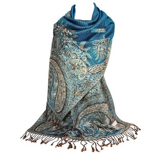 Blue and Beige Reversible pashmina Scarves for Women | Festival Scarf Mothers Day Gift Indian Paisley Shawls | Fancy Wedding Pashmina Wraps