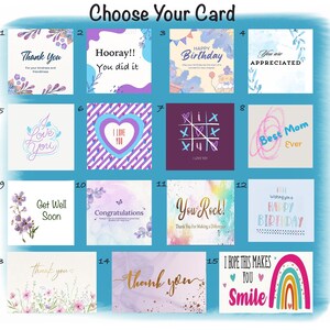 May include: A grid of 15 different greeting cards with various designs and messages. The cards feature a variety of colors, including purple, pink, blue, and green. Some of the messages include "Thank You", "Hooray!! You did it", "Happy Birthday", "You are Appreciated", "I Love You", "Best Mom Ever", "Get Well Soon", "Congratulations", "You Rock!", "Wishing you a Happy Birthday", and "I Hope This Makes You Smile".