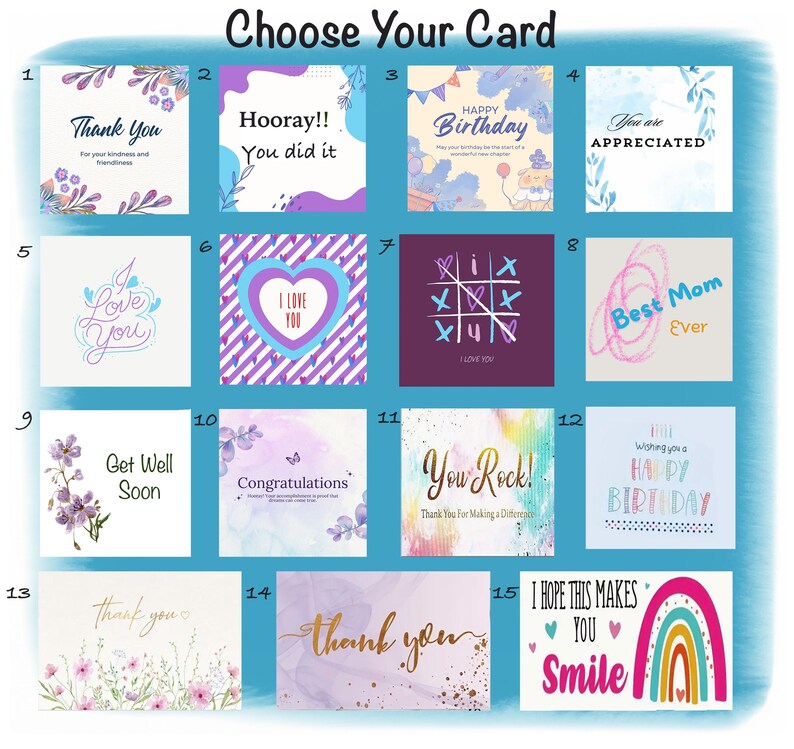 May include: A grid of 15 different greeting cards with various designs and messages. The cards feature a variety of colors, including purple, pink, blue, and green. Some of the messages include "Thank You", "Hooray!! You did it", "Happy Birthday", "You are Appreciated", "I Love You", "Best Mom Ever", "Get Well Soon", "Congratulations", "You Rock!", "Wishing you a Happy Birthday", and "I Hope This Makes You Smile".