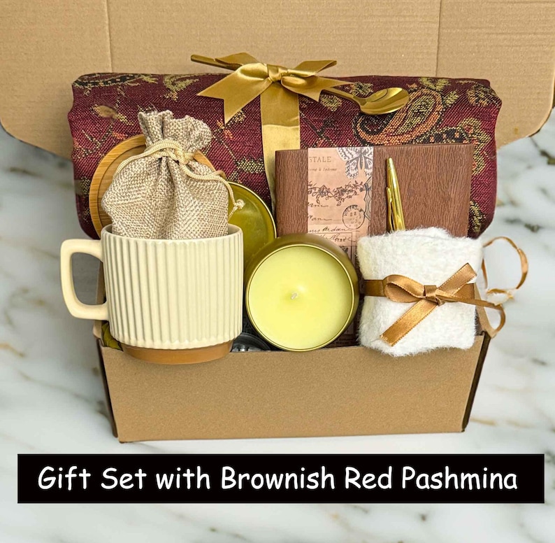 Get Well Soon Gift Box with Pashmina Scarf, Care Package For Her or Him, Thinking Of You, Surgery Recovery Brownish Red
