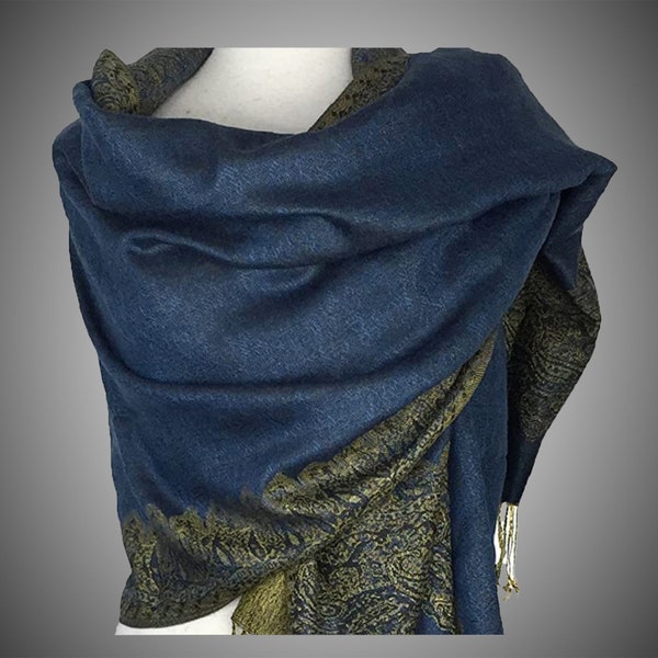 Scarves for Women | Indigo Dark Blue Festival Pashmina Shawl Border Print Winter Wraps Reversible Brocade Stole | Gift for Mom Wedding Rave