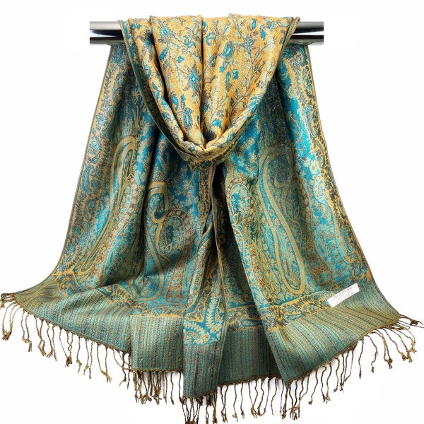 Gold Turquoise Blue Sparkling Paisley Pashmina Scarves | Wedding Shawls Bridesmaids Gifts | Traditional Indian Bridal Shawl | Festival Scarf