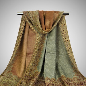 Light Green Paisley Pashmina Scarf: Reversible Sage Shawl Wrap