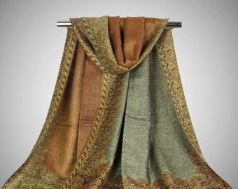 Light Green Paisley Pashmina Scarf: Reversible Sage Shawl Wrap