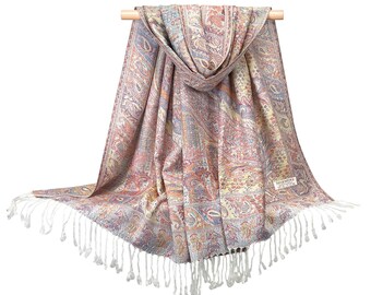 Paisley Pashmina Scarves for Women | Festival Scarf Rave Pashmina Wedding Accessories | Bohemian Shawls & Wraps | Gift for Her | Ivory Pink