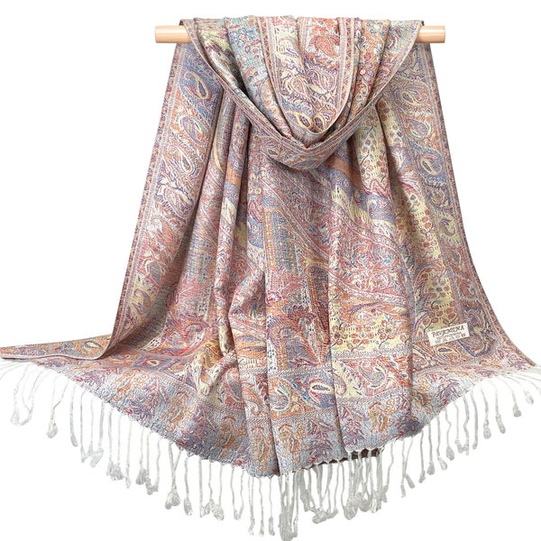 Paisley Pashmina Scarves for Women | Festival Scarf Rave Pashmina Wedding Accessories | Bohemian Shawls & Wraps | Gift for Her | Ivory Pink