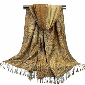Reversible Pashmina Scarves for Women | Gold Beige Brown Festival Scarf Mothers Day Gift Indian Paisley Shawls Fancy Wedding Shawl Hair Wrap