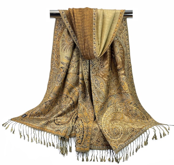 Reversible Pashmina Scarves for Women Gold Beige Brown Festival Scarf  Mothers Day Gift Indian Paisley Shawls Fancy Wedding Shawl Hair Wrap 