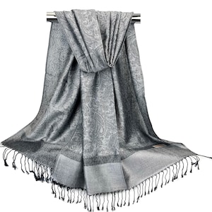 Pashmina Silk Feel Scarves | Women Head Wraps Black & Silver Gray Ladies Shawl Jacquard Light Weight Stole  Festival Scarves | Rave Pashmina