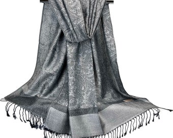 Pashmina Silk Feel Scarves | Women Head Wraps Black & Silver Gray Ladies Shawl Jacquard Light Weight Stole  Festival Scarves | Rave Pashmina