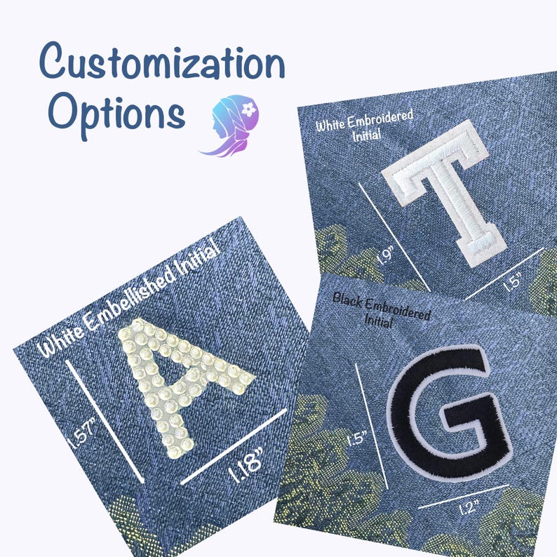 May include: Three different options for customizing a garment with initials. The first option is a white embellished initial "A" measuring 1.57 inches by 1.18 inches. The second option is a white embroidered initial "T" measuring 1.5 inches by 1.9 inches. The third option is a black embroidered initial "G" measuring 1.2 inches by 1.5 inches.