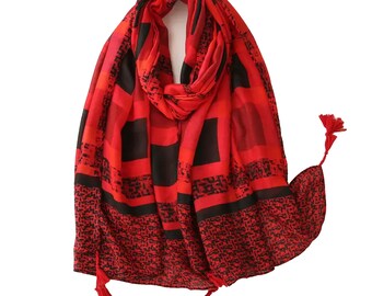 Red & Black Summer Scarves for Women | Festival Shawls and Wraps Moms Day Gift Idea | Modern Plaid Head Cover for Women | Boho Hair Scarves