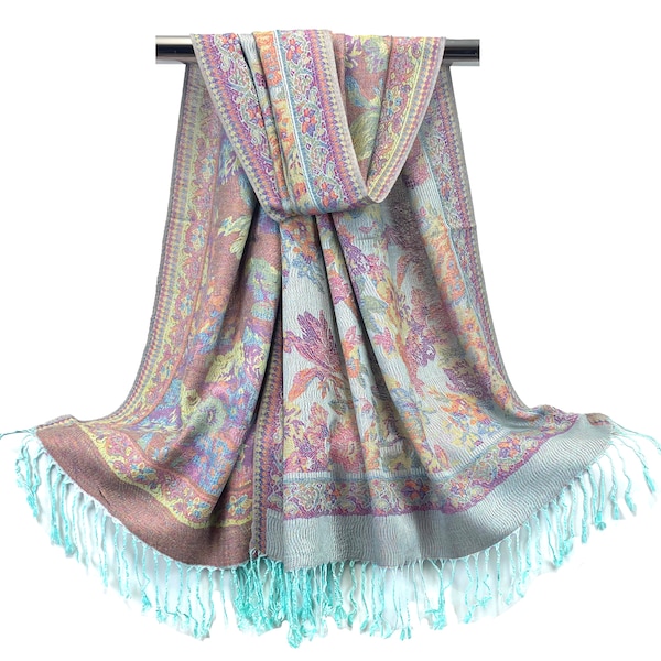 Floral Pashmina Scarf | Mint Green Pink Festival Shawls | Light Weight Head Cover Scarves Women Hair Wraps Bridesmaids Gift Boho Chic Style