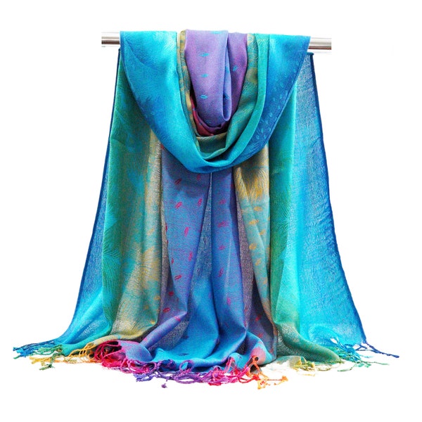 Blue Pashmina Scarf | Bohemian Rainbow Shawl Women Wraps Festival Cotton Scarf | BOHO Chic Clothing Summer Stole Light Weight Turquoise Aqua