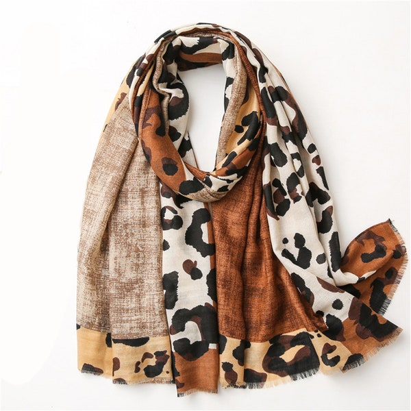 Brown Leopard Print Summer Scarves for Women | Animal Print Summer Scarf Hair Wraps Stole Beach Cover Up Fashion Accessories Beige Shawls
