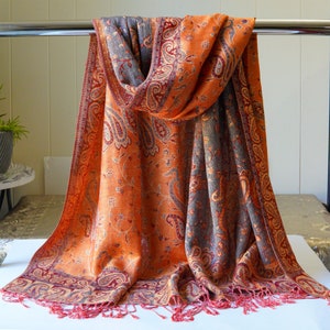 Orange Red Women Paisley Pashmina Scarf | Reversible Double Sided Brocade Shawl Festival Rave Shawl Silky Scarves for Women Long Stole Wrap