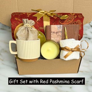 Get Well Soon Gift Box with Pashmina Scarf, Care Package For Her or Him, Thinking Of You, Surgery Recovery Red Scarf