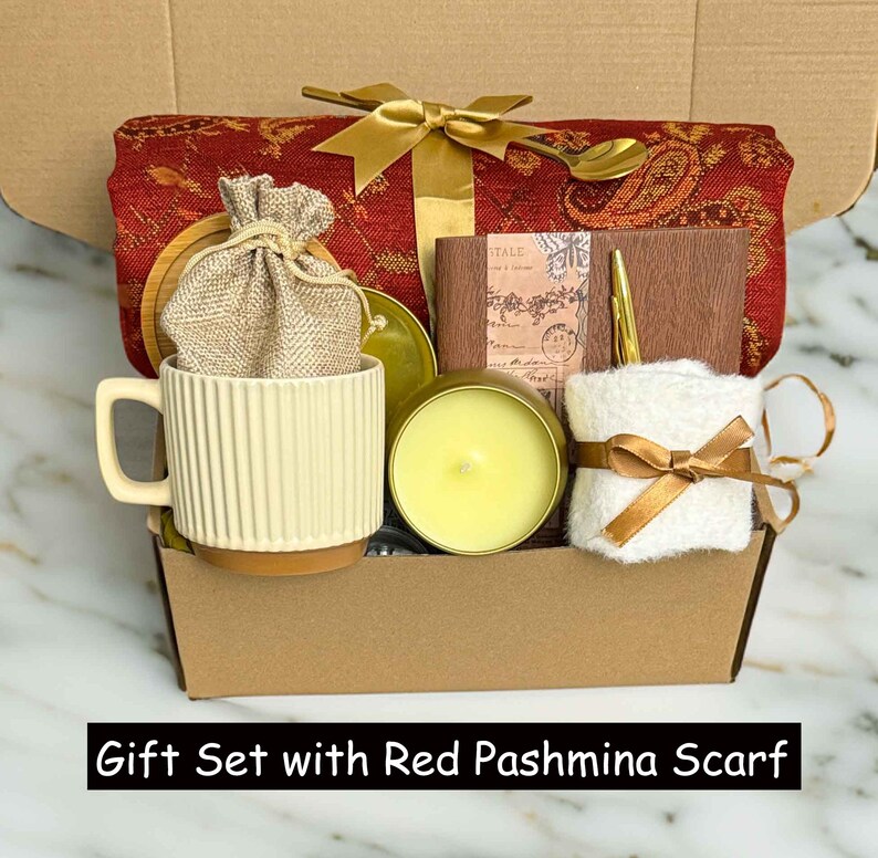 Get Well Soon Gift Box with Pashmina Scarf, Care Package For Her or Him, Thinking Of You, Surgery Recovery Red Scarf