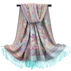 Mint & Pink Pastel Pashmina Scarf | Traditional Floral Shawls | Soft Lightweight Wrap for Spring - Boho Gift for Her