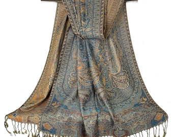 Reversible Pashmina Scarf - Blue & Bronze Lightweight Shawls - Festival Boho Head Wrap - Wedding Shawl Bridesmaid Gift- Gift for Her