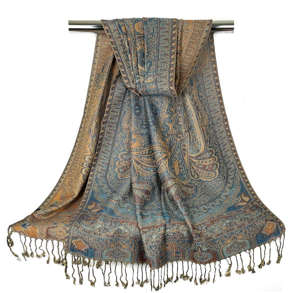 Reversible Pashmina Scarf - Blue & Bronze Lightweight Shawls - Festival Boho Head Wrap - Wedding Shawl Bridesmaid Gift- Gift for Her
