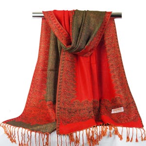Pashmina Scarf | Shawl Wrap Red Gold Paisley Pashmina Scarf for Women | Festive Light weight Reversible Rave Pashmina Bright Red Scarf