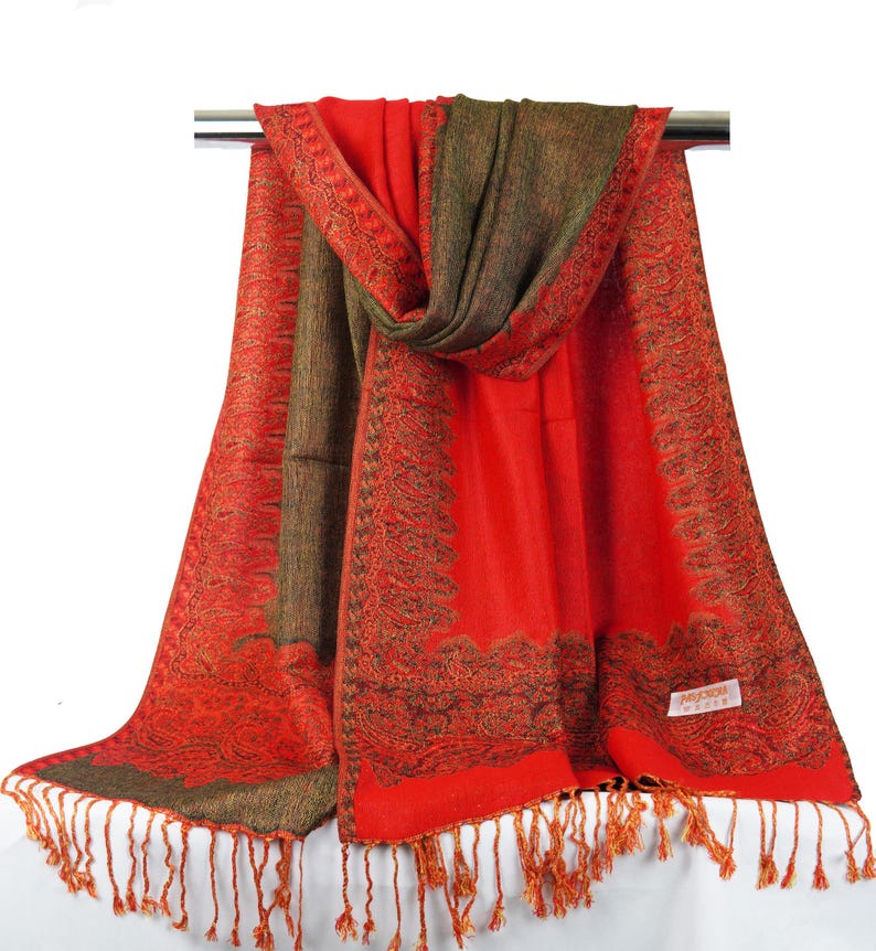 Pashmina Scarf | Shawl Wrap Red Gold Paisley Pashmina Scarf for Women | Festive Light weight Reversible Rave Pashmina Bright Red Scarf