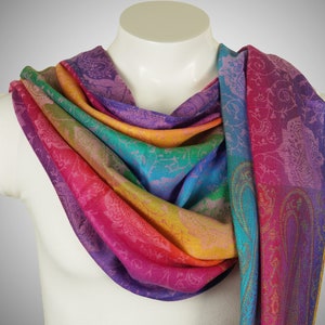 Valentine's Day Special Rainbow Paisley Pashmina Scarf, Gift for Her Festival Scarves Hair Wraps for Women Wedding Pashmina Bright Pink Boho