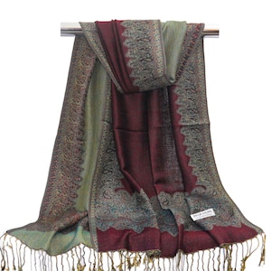 Pashmina Scarf | Shawl Wrap Red Gold Paisley Pashmina Scarf for Women | Festive Light weight Reversible Rave Pashmina Wine Scarf