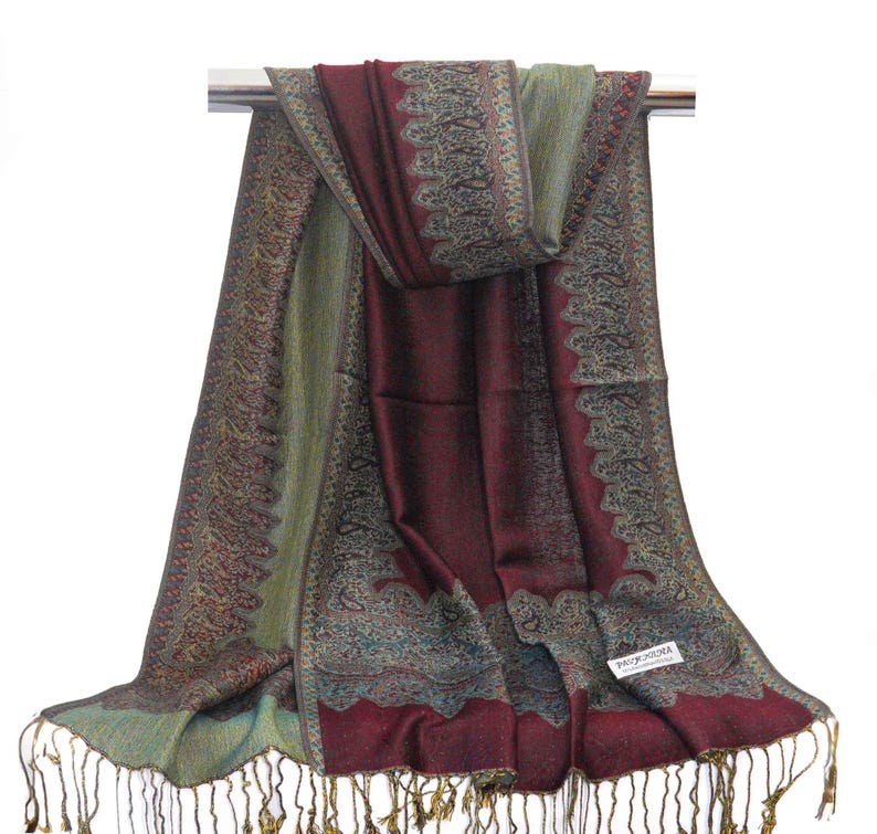 Pashmina Scarf | Shawl Wrap Red Gold Paisley Pashmina Scarf for Women | Festive Light weight Reversible Rave Pashmina Wine Scarf