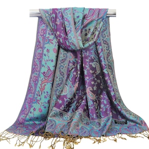 Pashmina Scarf | Ladies Shawl Women Wrap Purple Blue Stole Reversible Wedding Festival Scarf Christmas Gift for Her Boho Chic Style Bohemian