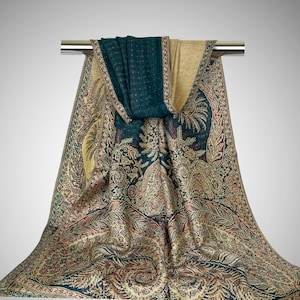 Reversible Emerald Green Golden Scarf for Women | Teal Gold Festival Scarf Reversible Shawl | Wedding Pashmina Wrap