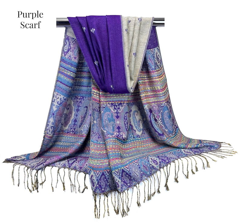 Burgundy Scarf | Reversible Winter Shawl Wrap for Women, Holiday Gift Idea, Blue, Brown Scarves, Warm Cozy Long Stoles Purple Scarf
