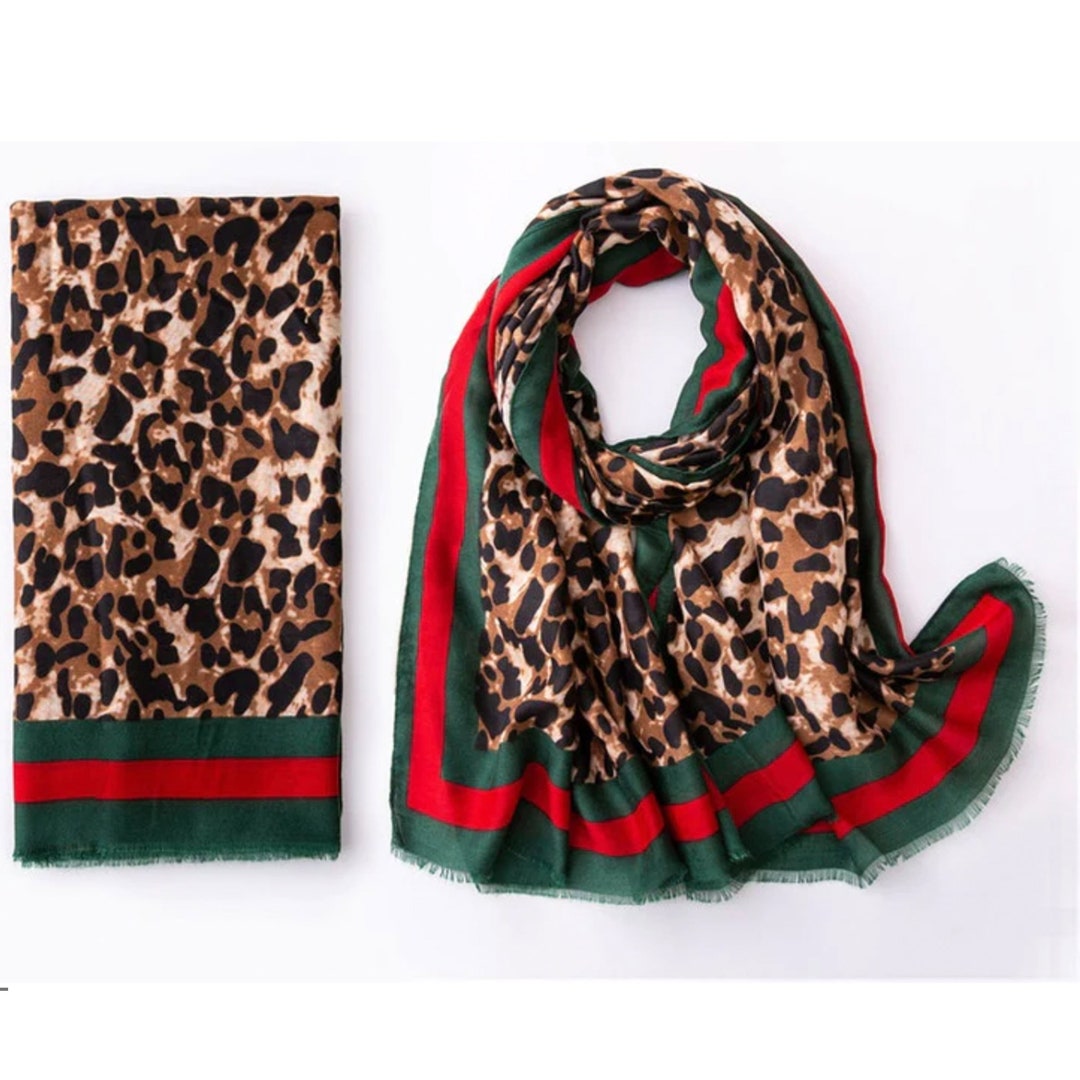 Leopard Print Scarf With Red & Green Trim Animal Print Fashion Scarf