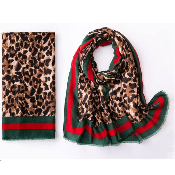 Leopard Print Scarf With Red & Green Trim | Animal Print Fashion Scarf | Scarf for Her