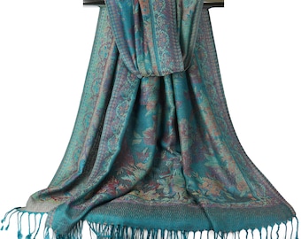 Floral Print Pashmina Scarves for Women | Teal Blue Head Wraps Festival Scarf Bohemian Shawls Multicolored Bridesmaid Gift for Mom