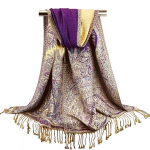 Reversible Purple and Beige Scarves for Women | Violet Gold Festival Scarf Mothers Day Gift Double Layer Shawls Fancy Wedding Pashmina Wrap