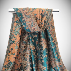 Festival Paisley Pashmina Scarf– Reversible Shawl in Dark Green & Copper Unique Gift for Mom, Boho Chic Wrap Bridesmaid Shawl