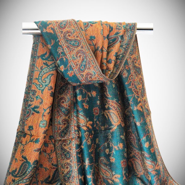 Indian Paisley Pashmina Scarf | Women Wraps Reversible Winter Shawl Christmas Gift | Dark Green Copper Orange | Bohemian Festival Stole