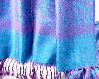 LissKiss Pashmina Schal Mit Paisley-Muster & Fransen – Violett-Blau, 70x180 Cm