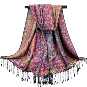 Multicolor Pashmina Scarves | Blue Magenta Paisley Shawls Women Hair Wraps | Festival Scarf Gift for Mother Bohemian Head Cover