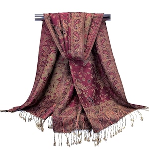 Paisley Pashmina Burgundy Scarf, Reversible Shawls for Women | Wedding Accessories, Bridal Wrap, Warm Winter Scarf with Tassel