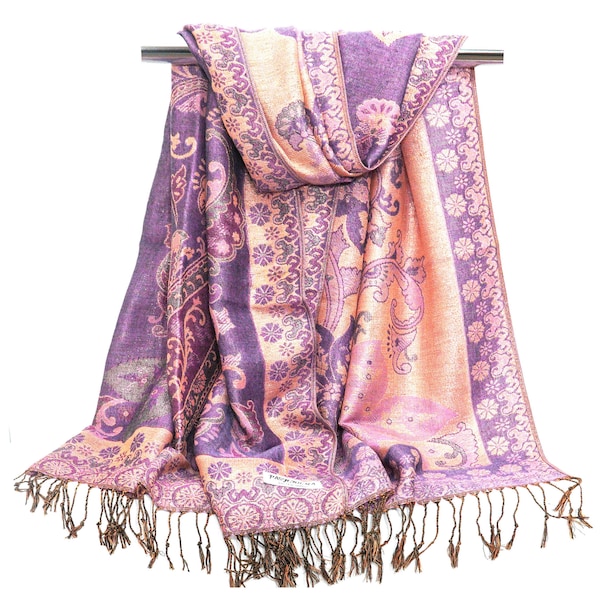 Sparkling Floral Pashmina Scarves for Women | Purple Beige Metallic Festival Shawls | Bridal Wraps Bridesmaids Gift Fashion Accessories Rave