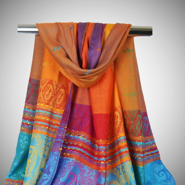 Bohemian Scarf | Rainbow Border Shawl | Tribal Border Ethnic Women Wrap Stole | Rave Pashmina Boho Chic Clothing | Festival Orange Scarves