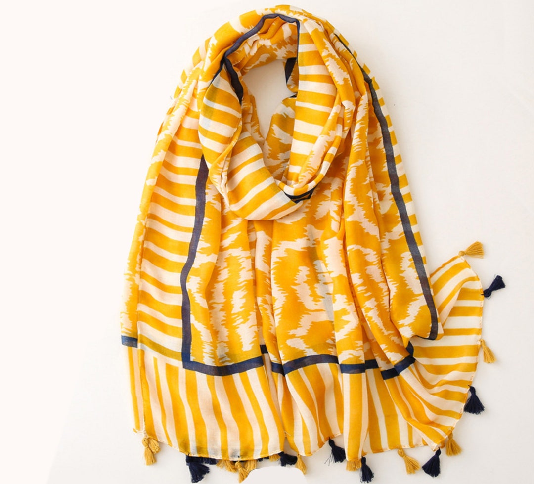 Blue & Yellow Scarves for Women Bright Summer Scarf Navy Hair Wraps