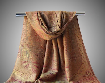 Écharpe indienne à motif cachemire et pashmina | Pashmina de soie marron orange de qualité supérieure, écharpe de printemps bohème chaude pour femmes, foulards de festival, étole de tête