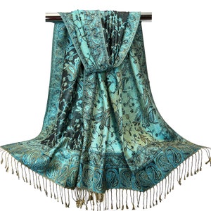 Reversible Turquoise Blue & Black Paisley Pashmina Scarf | Elegant Evening Shawl | Bridesmaid Scarf | Gift for Her, Women’s Head Covering
