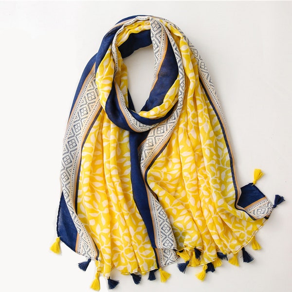 Blue & Yellow Scarves for Women | Bright Summer Scarf Navy Hair Wraps Stole Beach Cover Up Fashion Accessories Gift for MOM Bohemian Shawls